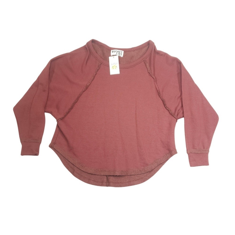Bucket List Burgundy French Terry Raw Edge Sweatshirt Small NWT
